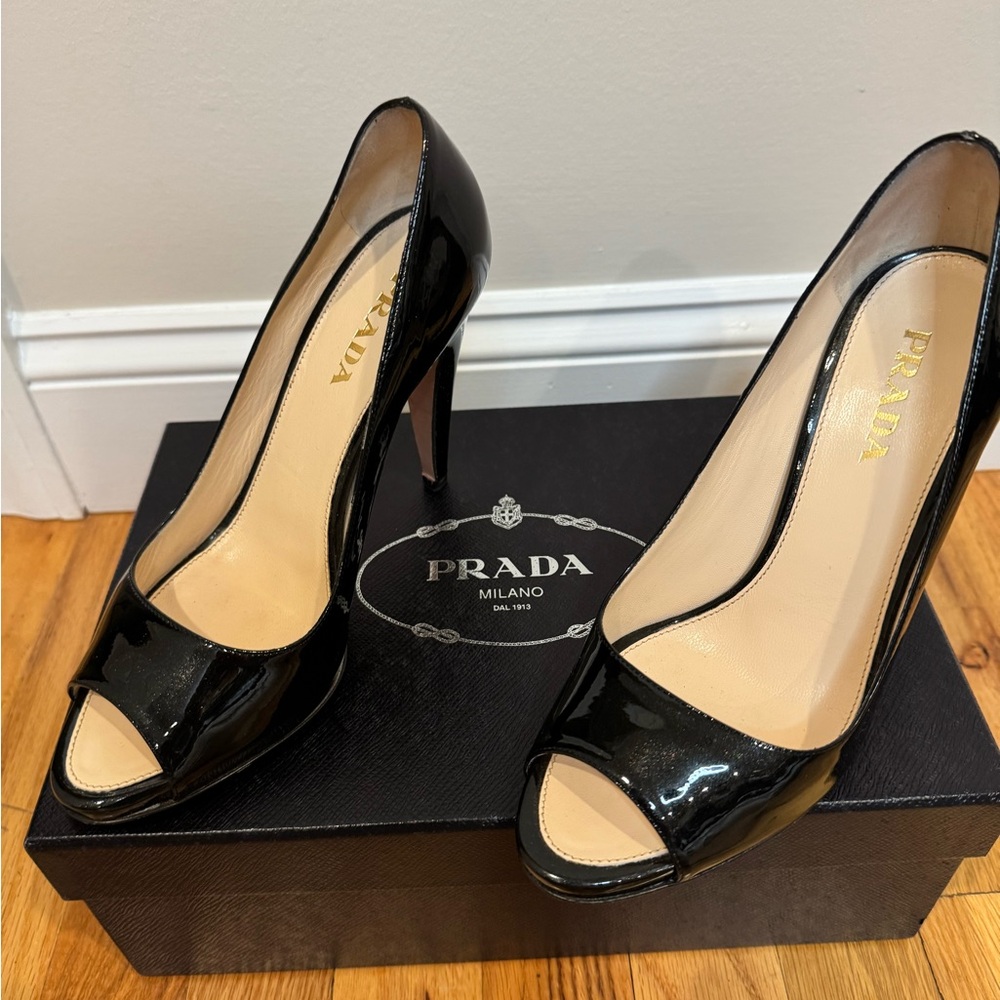 Prada Glossy Black Peep-Toe Heels - Picture 4 of 4